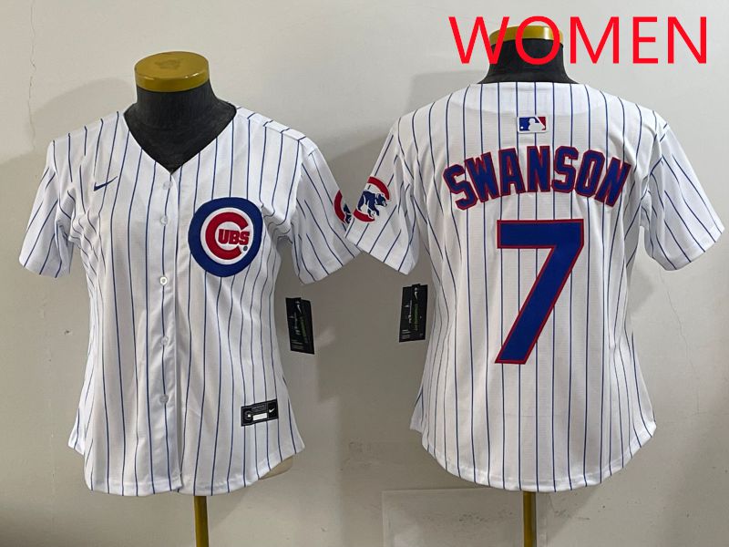 Women 2025 Chicago Cubs 7 Swanson White Stripe Game Nike MLB Jersey style 1